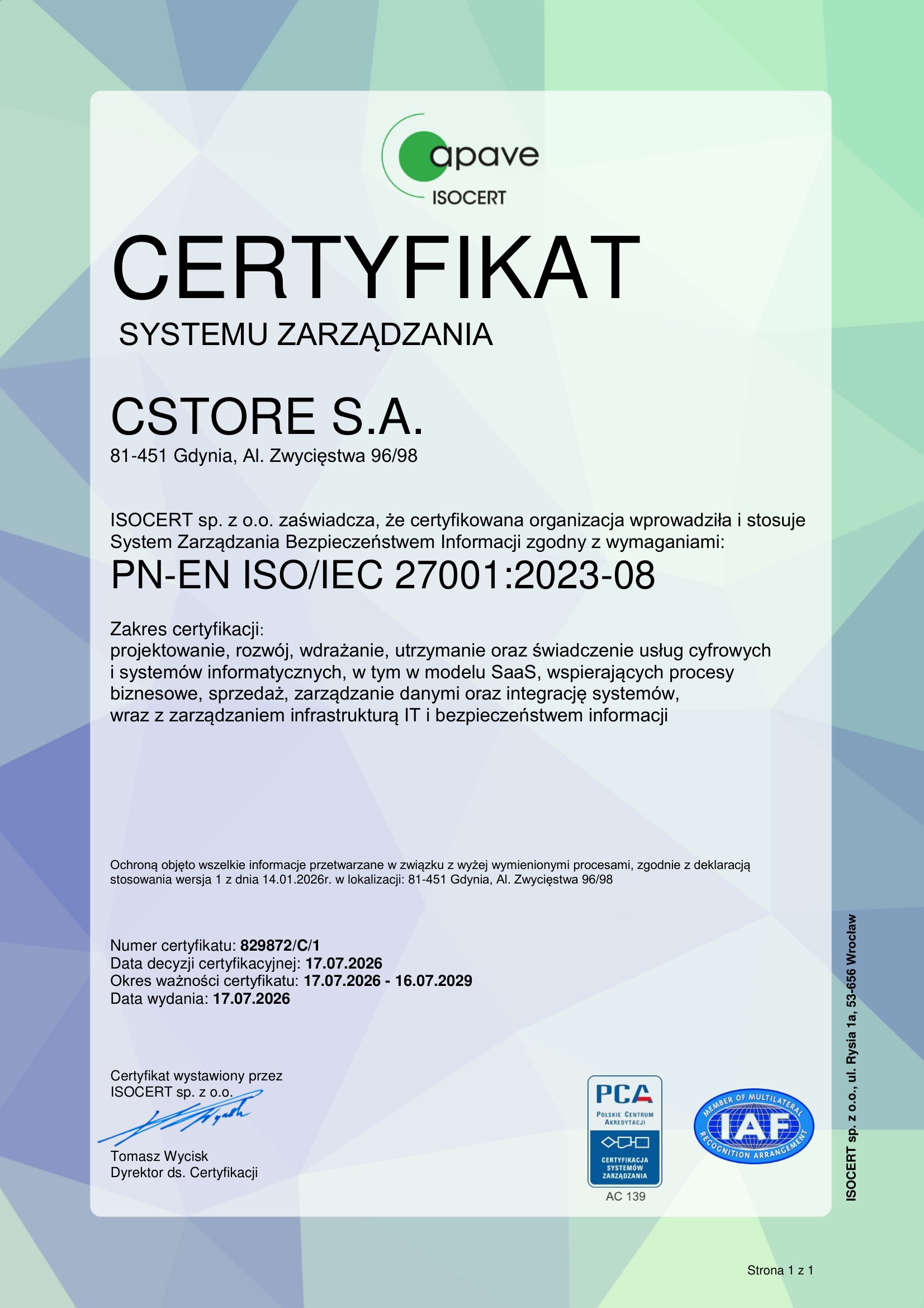 Certyfikat CStore PN-EN ISO/IEC 27001:2023-08